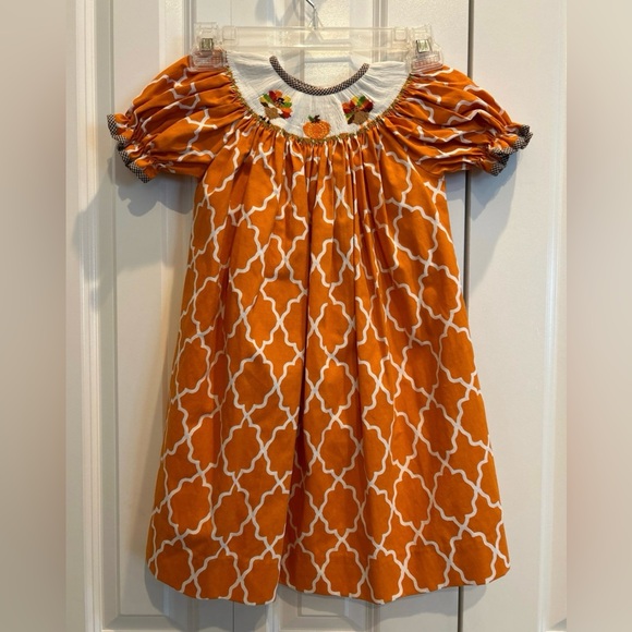 Lolly Wolly Doodle Smocked Bishop Orange Long Thanksgiving Dress - Picture 2 of 8